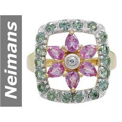 2.75 ct Green, Pink & White Sapphire Ring 14kt Gold