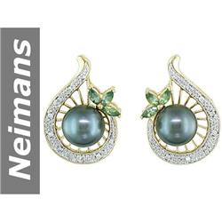 9.5 MM Black Tahitian Pearl, Green Sapphire & Diamond Earrings 14kt Gold