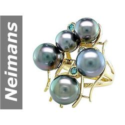 8.5-9.5 MM Black Tahitian Pearl & Blue Diamond Ring 14kt Gold