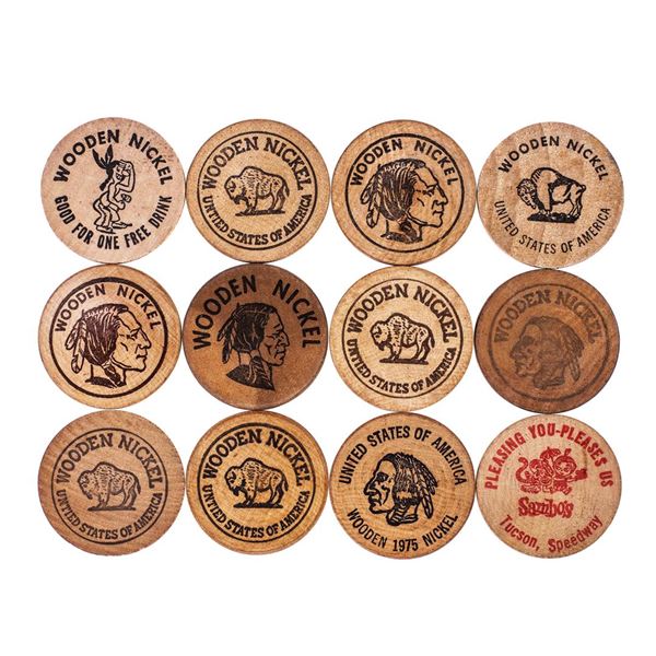 Lot of (12) Wooden Nickels