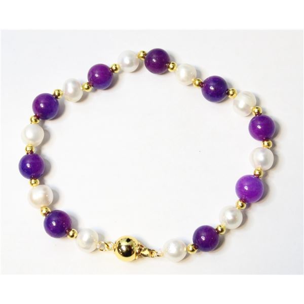 #333-FRESH WATER PEARL & SUGILITE BRACELET 7.5"