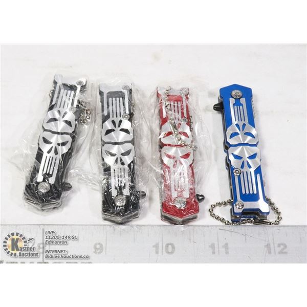 4PC FOLDING SKULL KNIVES 2 BLACK, 1 RED, 1 BLUE