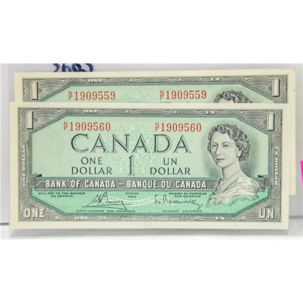 TWO 1954 CANADIAN ONE DOLLAR BANK NOTES