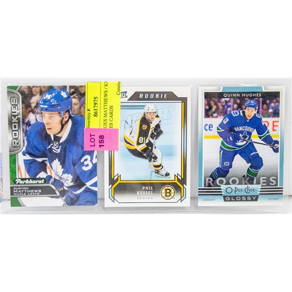 3 X ROOKIES MATTHEWS / KESSEL / Q. HUGHES CARDS