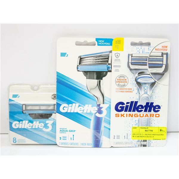 GILLETTE 3 + SKINGUARD RAZORS W/ CARTRIDGE REFILLS