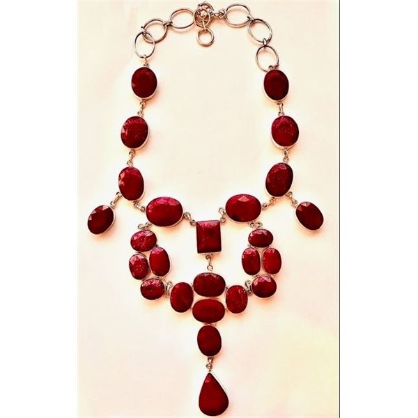 21" Natural 25 Stone Red Ruby Sterling Silver Necklace Approx 250 Carats Genuine Rubies