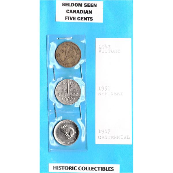 1943, 1951, 1967 Canadian Five Cents