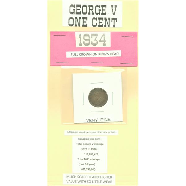 George V One Cent 1934 - Full Crown