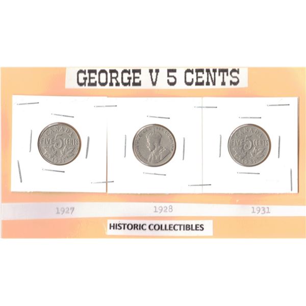 1927, 1928, and 1931 George V Five Cents