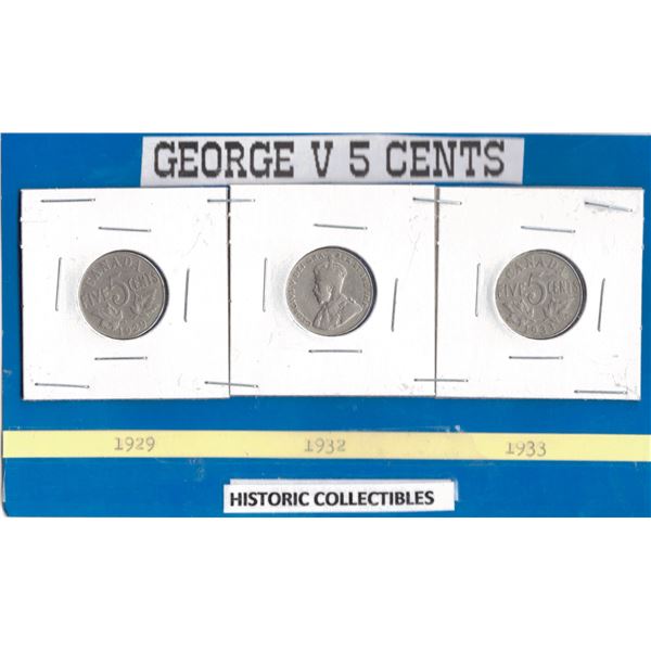 1929, 1932, and 1933 George V Five Cents