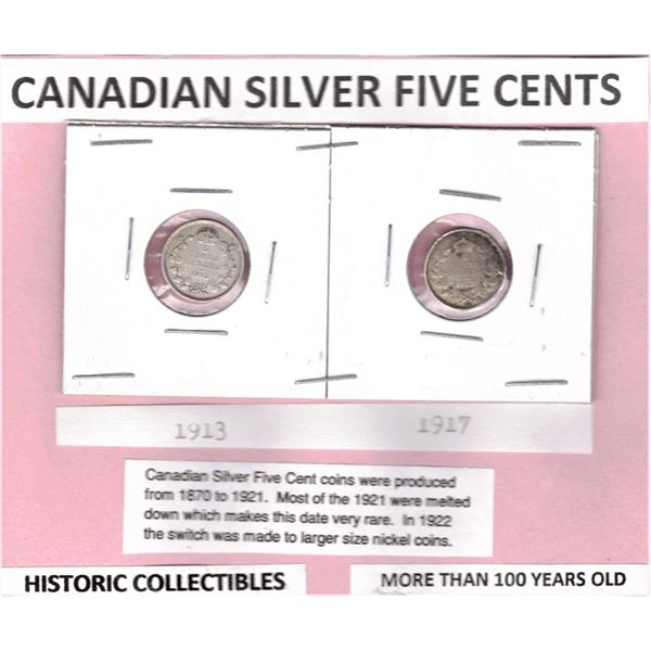1913 & 1917 Canadian Silver Five Cents