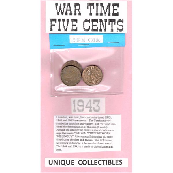 1943 Canadian Five Cents "V" 3 Coins