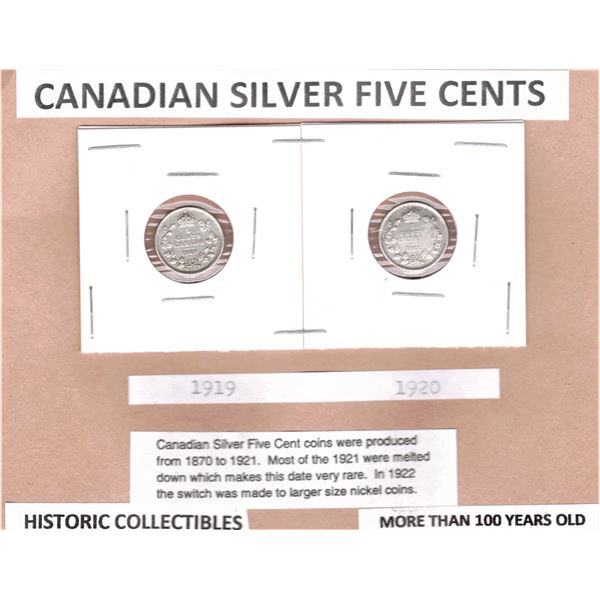 1919 & 1920 Canadian Silver Five Cents