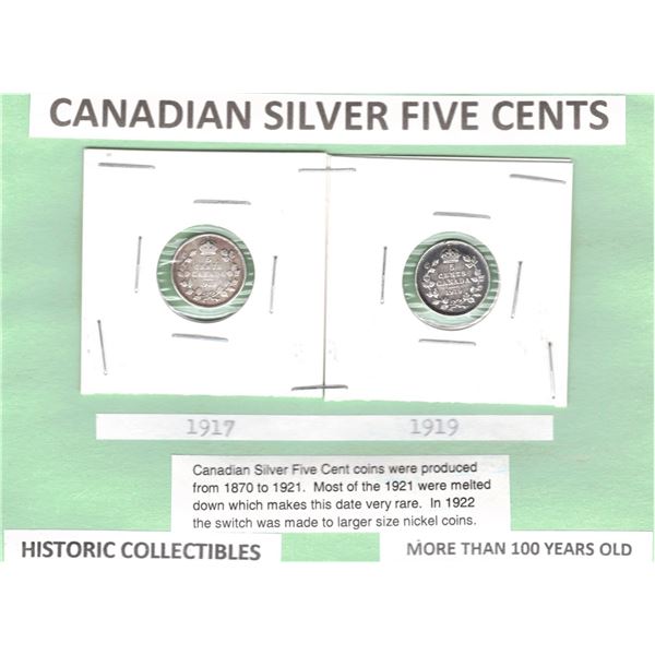 1917 & 1919 Canadian Silver Five Cents