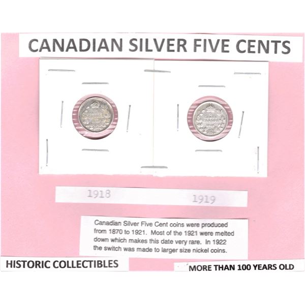1918 & 1919 Canadian Silver Five Cents