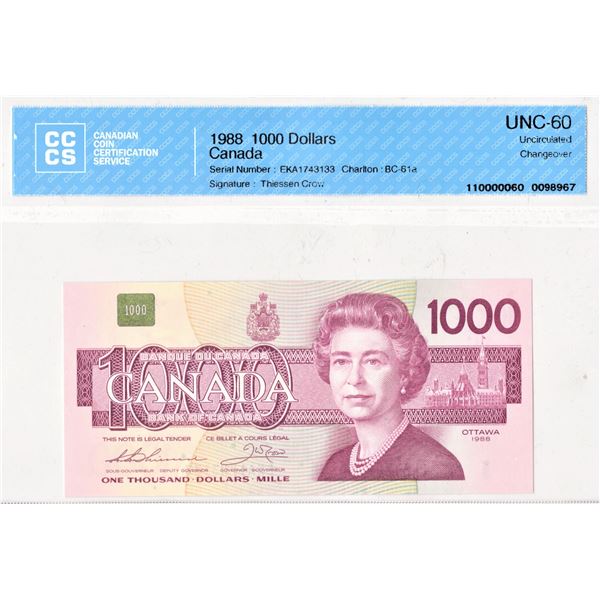 1988 Canadian One Thousand Dollar Bill UNC 60 1988-canadian-one-thousand-dollar-bill-unc-60