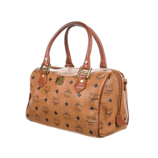 MCM Brown Coated Canvas Top Handle Bag Printed Antiqued Gold-Tone Hardware Leather Trim Rolled Handl