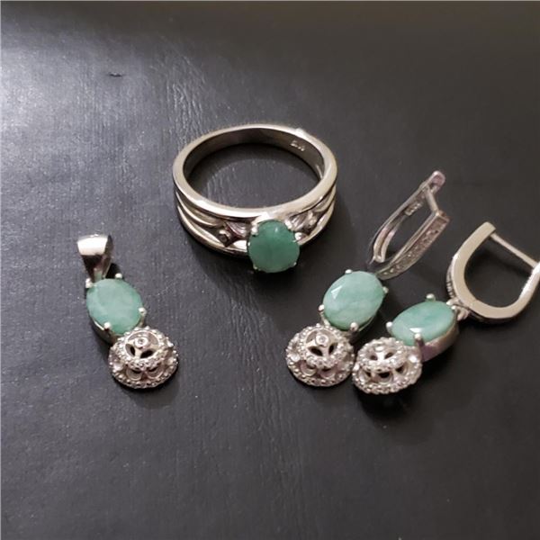 Silver Emerald Pendent Ring And Earring (6.4ct) Set (~weight 9.83g), Suggested Retail Value $300