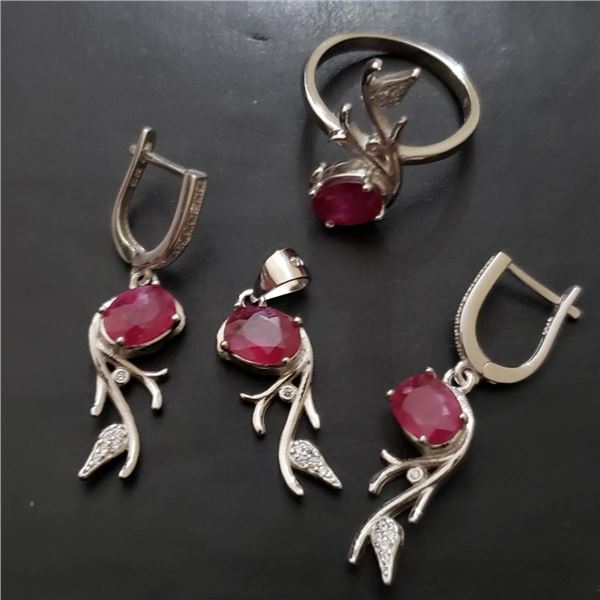 Silver Ruby Pendent Ring And Earring (6.4ct) Set (~weight 10.01g), Suggested Retail Value $300
