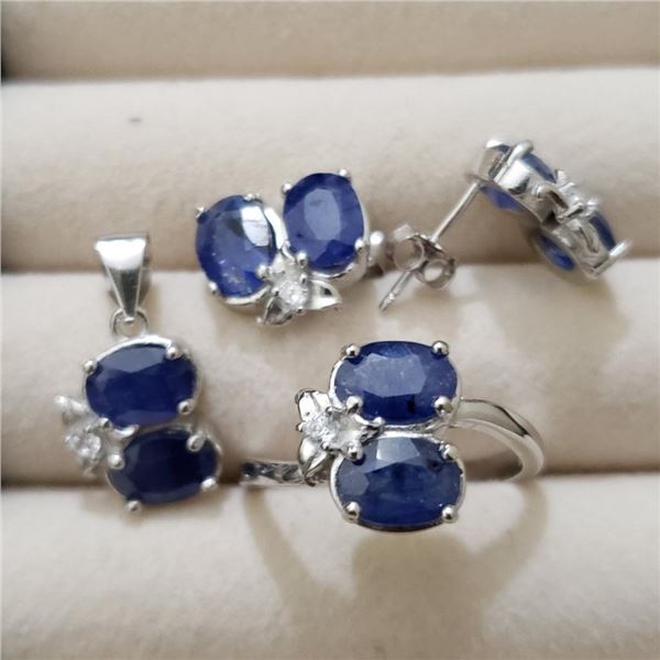 Silver Sapphire Pendent Earring And Ring(8ct) Set (~weight 8.26g), Suggested Retail Value $250