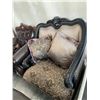 Image 1 : Ornate Wood Trim occasional chair with throw cushions missing feet FLOOR DISPLAY MODEL- pick up Dec.