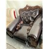 Image 1 : Brown Leather oversized arm chair with wood trim - feet removed FLOOR DISPLAY MODEL- pick up Dec. 30