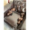 Image 3 : Brown Leather oversized arm chair with wood trim - feet removed FLOOR DISPLAY MODEL- pick up Dec. 30