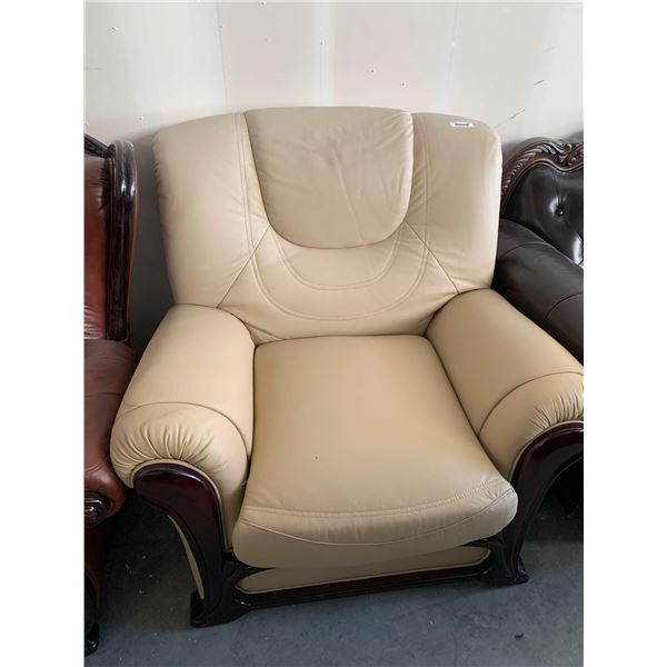 Cream Bonded Leather wood trimmed arm chair FLOOR DISPLAY MODEL- pick up Dec. 30 from 9-3, off site 