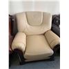 Image 1 : Cream Bonded Leather wood trimmed arm chair FLOOR DISPLAY MODEL- pick up Dec. 30 from 9-3, off site 
