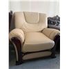 Image 2 : Cream Bonded Leather wood trimmed arm chair FLOOR DISPLAY MODEL- pick up Dec. 30 from 9-3, off site 