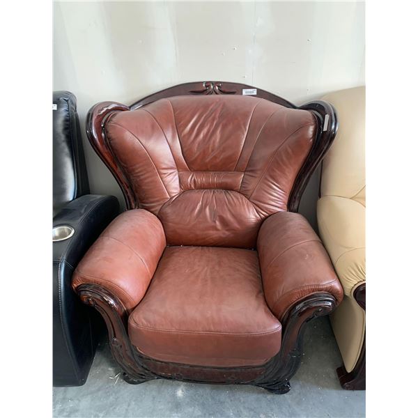 Cowhide Brown Bonded Leather Arm Chair high back design with wood trim (scuffed on side) FLOOR DISPL