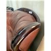 Image 3 : Cowhide Brown Bonded Leather Arm Chair high back design with wood trim (scuffed on side) FLOOR DISPL