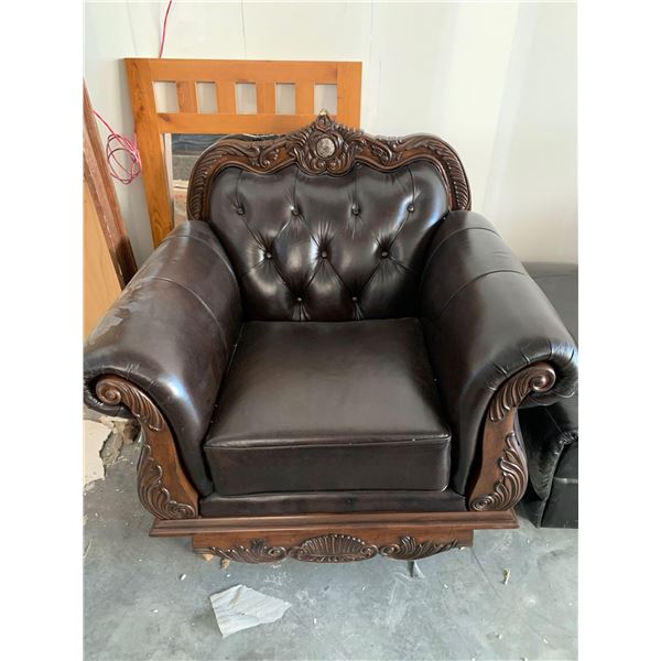 Provincial Design Studded Brown Leather Chair, missing feet and small chip on top FLOOR DISPLAY MODE
