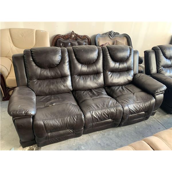 Brown Bonded Leather Double Reclining 3 seater sofa has loose seam in one seat FLOOR DISPLAY MODEL- 