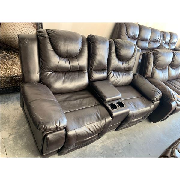 Home Theater Brown Double Reclining Love Seat with center storage FLOOR DISPLAY MODEL- pick up Dec. 