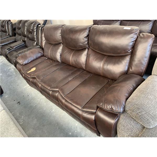 Brown Bonded Leather Reclining 3 Seat Sofa has damage on seat FLOOR DISPLAY MODEL- pick up Dec. 30 f