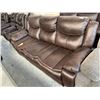 Image 1 : Brown Bonded Leather Reclining 3 Seat Sofa has damage on seat FLOOR DISPLAY MODEL- pick up Dec. 30 f