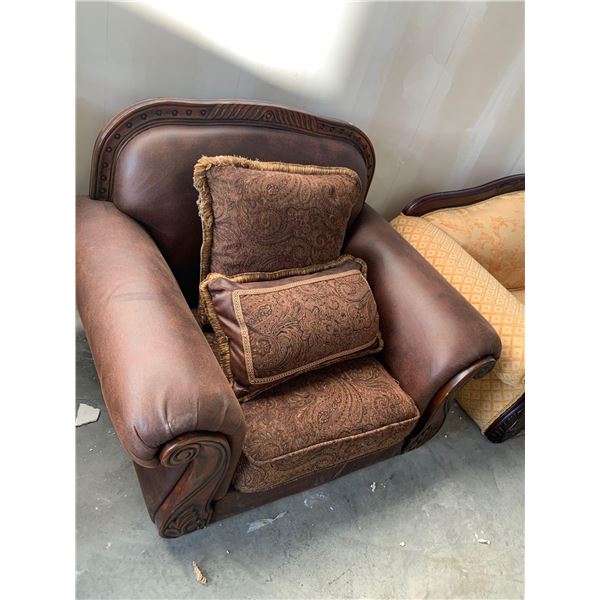 Brown Leather & Upholstered Living room Chair with throw cusions no legs FLOOR DISPLAY MODEL- pick u