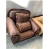 Image 1 : Brown Leather & Upholstered Living room Chair with throw cusions no legs FLOOR DISPLAY MODEL- pick u