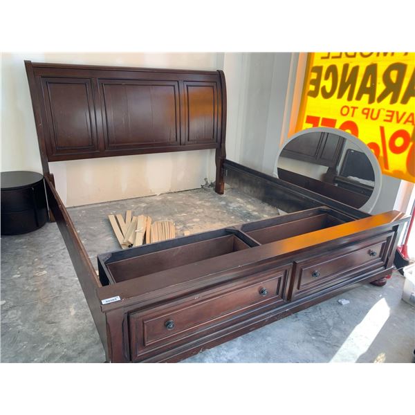 King Size Wood Captains bed set with headboard, 2 rails and drawer foot board. veneer wrinkled on he