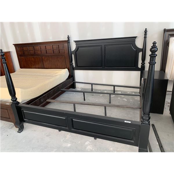 King Size 4 poster Bed Frame dark Wood complete with slats and side night stand, small scuff on foot