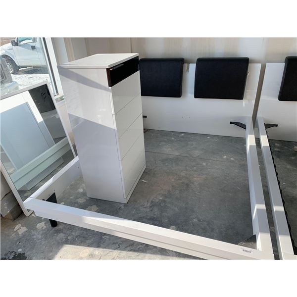 White Laquer Queen Size Bed frame set with matching 5 drawer chest of drawers FLOOR DISPLAY MODEL- p