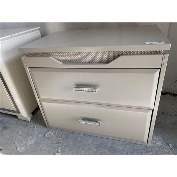 Almond 2 drawer modern night stand small crack in front  FLOOR DISPLAY MODEL- pick up Dec. 30 from 9
