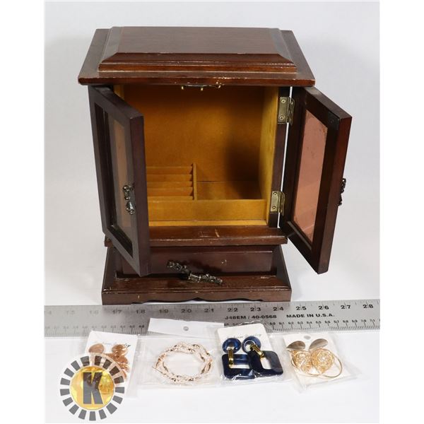 VINTAGE WOOD JEWELRY BOX WITH GLASS FRONT DOORS