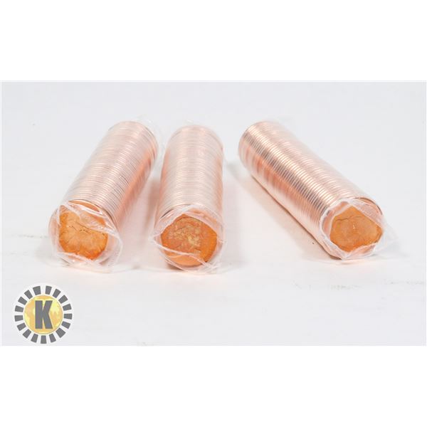 THREE UNCIRCULATED ROLLS OF 2012 CANADIAN PENNIES