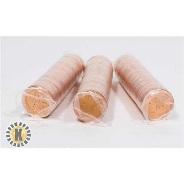 THREE UNCIRCULATED ROLLS OF 2011 CANADIAN PENNIES