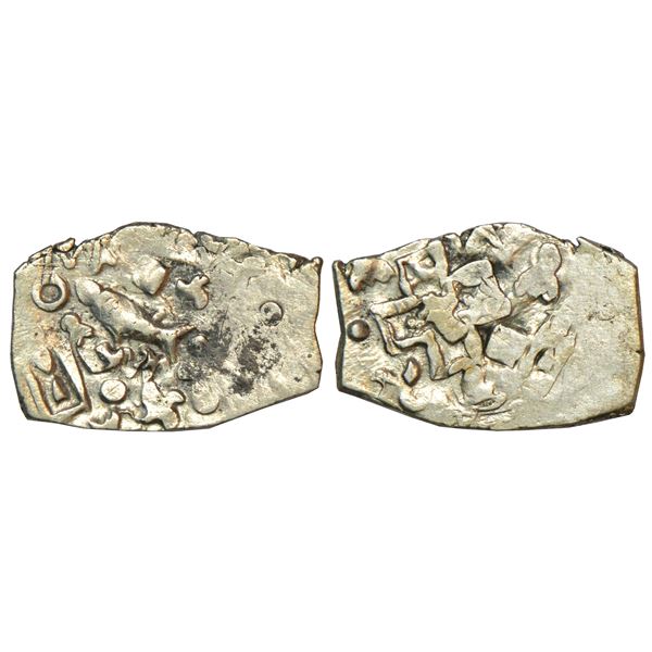 Ancient India: Archaic silver punch-marked coin, Saurashtra region, 'fish’ type, 0.85g.