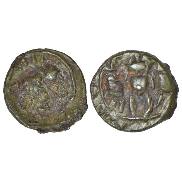 Ancient India: Vishnukundins - 'lion/Abhisheka Lakshmi' type coin of alloyed copper, 1.23g.