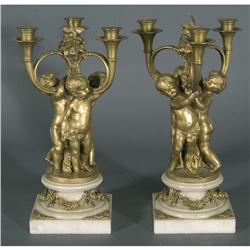 1 PAIR OF FRENCH BRONZE AND MARBLE FIGURAL CA