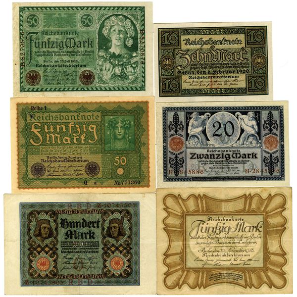 Weimar Republic and Imperial Bank Note Assortment of Issued Banknotes, 1915-1920